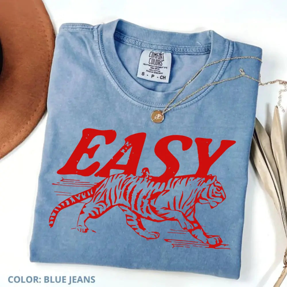Comfort Colors Easy Tiger T-shirt - Casual Crew Neck, 4th of July Shirt, Long Sleeve, Graphic Design, Available in Multiple Colors, Suitable for Men & Women - Top